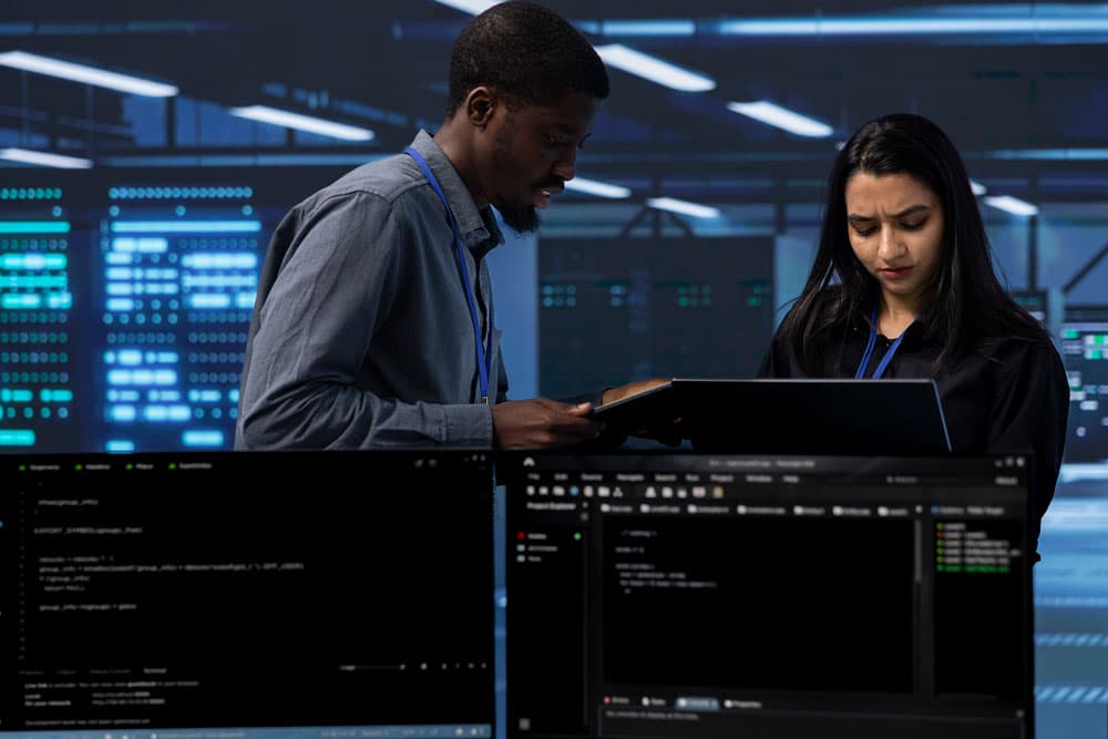 Two people work together at a computer, ensuring the protection of intellectual property and confidential data.