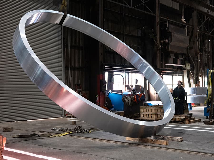 A large metal ring in the factory.