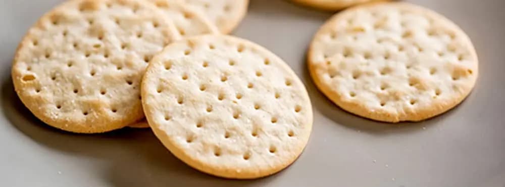 Et nærbillede af en tallerken med flere tilfældigt anbragte runde, let gyldne perforerede crackers